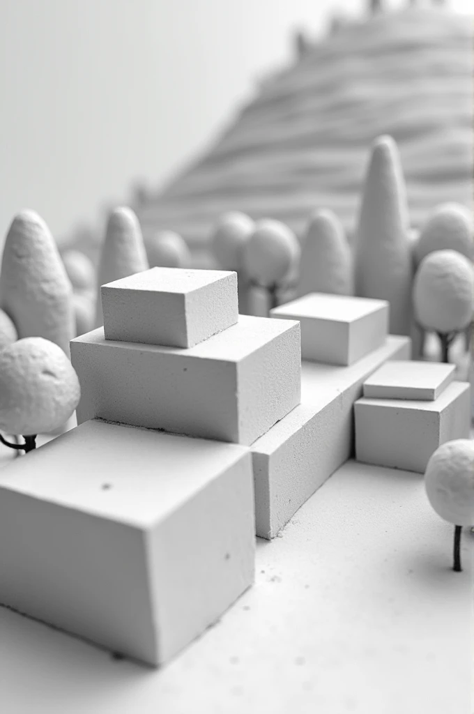 Monochromatic model of a structure with several large blocks at the foot of a hill surrounded by trees
