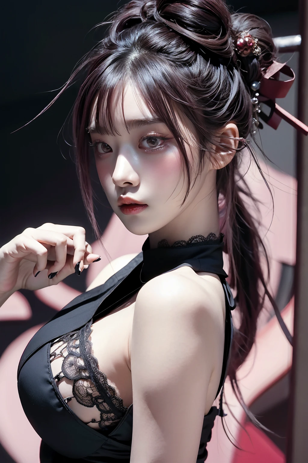 korean goddess, otherworldly, sexy young woman with gigantic breasts, beautiful golden eyes, intense stare at viewer, wuxia, masterpiece, pale skin, asura clan, extremely voluptuous, black-pink gradient hair, long ponytail, straight bangs, blunt bangs, smug expression, black eye liner, face focus, dark eyeshadow, prominent brows, tall nose, extremely enormous breasts, narrow waist, very wide hips, thick thighs, huge ass, punk goth aesthetics, black chinese cheongsam, bare shoulders, sexy lace, huge thighs, highly detailed face, black nails, toned, abs, 超High resolution,Textured skin, Super detailed, Detailed, high quality, 最high quality, High resolution, 8K, raytracing, gorgeous muscles, sfw