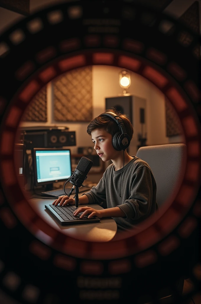 A boy sitting in a studio setup of podcast but it is shown within a movie reel border.