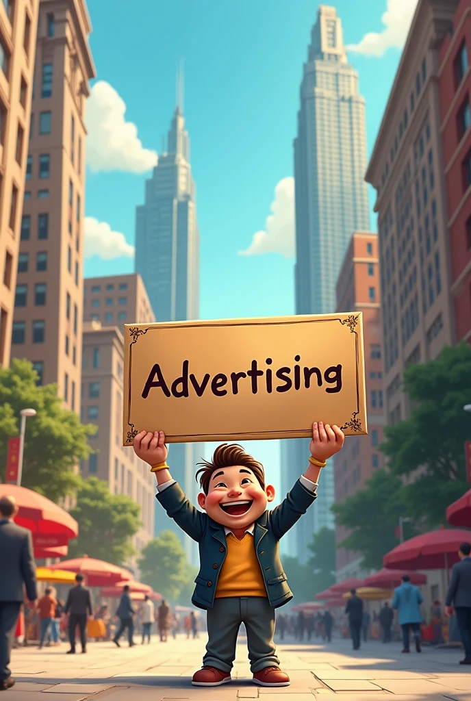 A happy  man holding a sign that says advertising, In a city of wealth where everything depends on it 