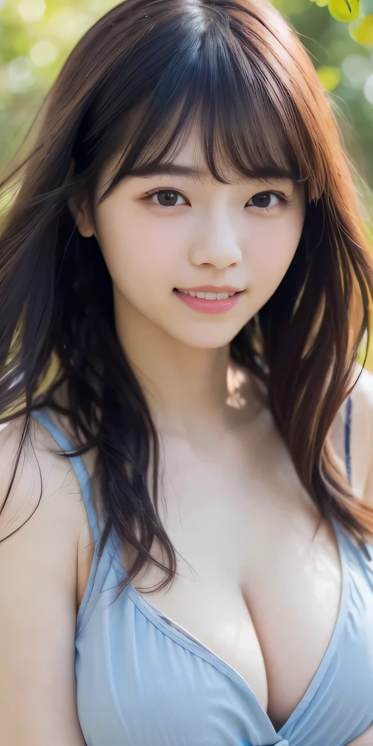 masterpiece、Highest quality, Ultra-high resolution、8k,photograph、1 girl, (Skin dents), (Large Breasts:1.4), bright, Blurred Background, (Asymmetrical bangs, Please comb your hair、very long wavy hair:1.5), (Floating Hair:1.0)、(Loose fitting blouse)、(Loose chest)、(Sunburn marks on chest)、(Deep cleavage)、(soft, drooping udder)、The best smile that makes people happy、Her big, round, upturned eyes are super cute、grassland、Spring Sky、Soft sunlight