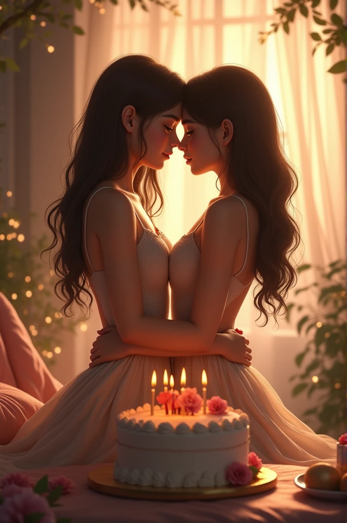 When creating a realistic looking photo of two girls in love with their backs turned and faces not showing and holding hands and also a detailed birthday cake