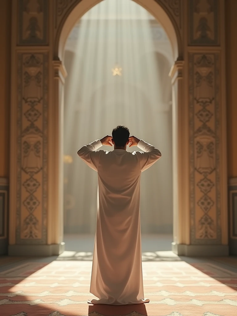 A serene indoor mosque setting, showing a young Middle-Eastern man in traditional white prayer garment standing straight, hands raised to his ears, looking calm and focused, soft ambient lighting, detailed patterns on the mosque's walls, 16:9 aspect ratio, hyper-realistic, f/2.8, ISO 200, 50mm lens, capturing the calmness and spirituality of the prayer initiation.--16:9