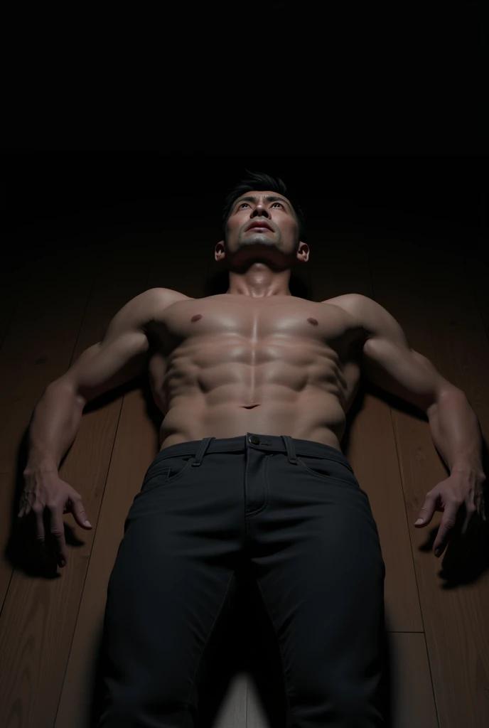 Afraid asain guy, white skin. Muscler, shirtless, beautiful body, wide shoulder, on the floor, realistic, uper camera angle, pants, black background, wooden foor