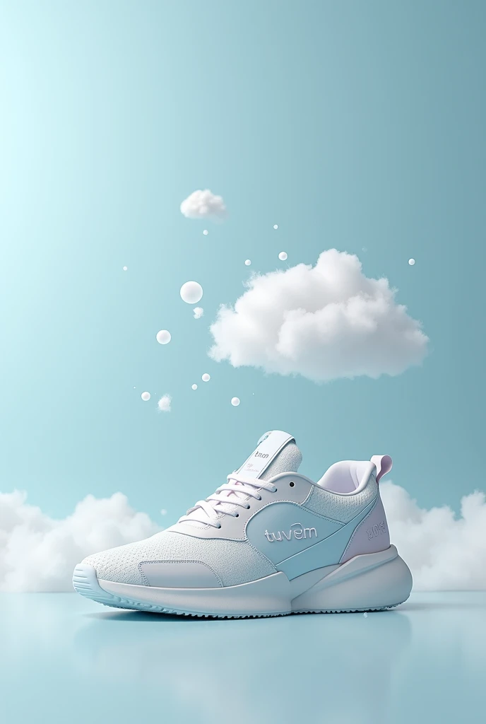 Create a sneaker where there is a cloud with the name "tuvem" small within the cloud as a brand