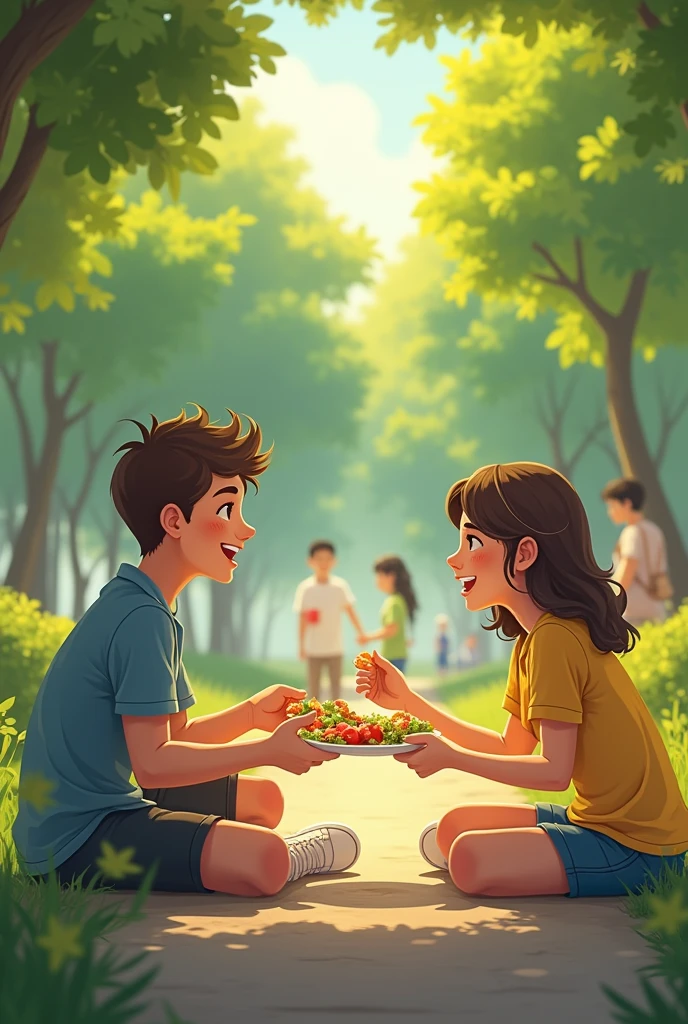 A person sharing his food with someone he doesn't have in a park