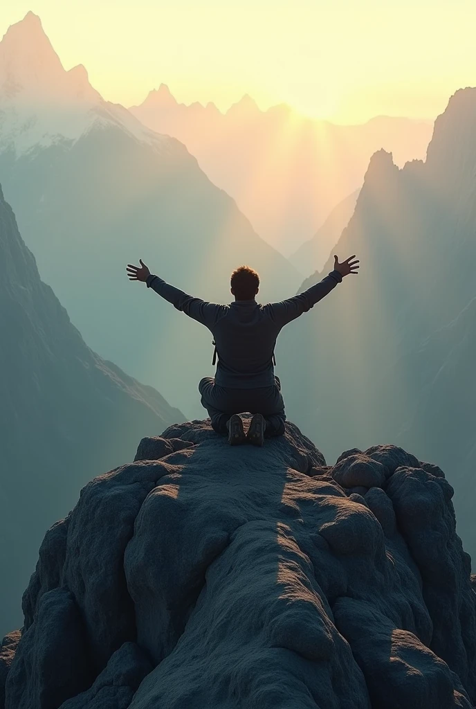 A man top of a mountain on his knees pleased he reached the top, back view drone shoot.