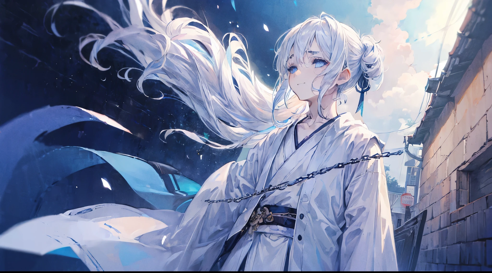 ((((((One Boy)))))))))，tears，miserable white skin，bloodless skin， very long gray hair, fluttering white hair，Soaking wet hair, light blue  eyes，grin，Ridicule，(((Troubled eyebrows)))licking finger，Collar，Black Chain,，Conservative light blue Hanfu，petals falling，Soaked and unclothed swords are scattered in all directions.，Create mottled shadows, Her hair flutters in the breeze, a mocking look appeared on his face(Best Quality,4K,8K,hight resolution,masutepiece:1.2), Ultra-detailed, (Realistic,Photorealsiticです,Photorealsitic:1.37), nffsw, hyper HD, Studio Lighting, Ultra-fine painting, Sharp Focus, Physically-based rendering, extreme detail description,