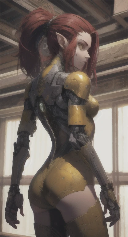 The first, Hylian android Rionyx, red hair, yellow eyes, looking at viewer, ancient mechanical armor,