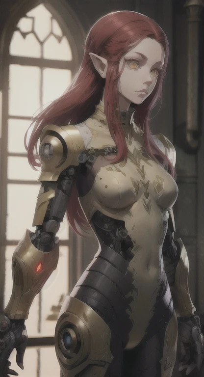 The first, Hylian android Rionyx, red hair, yellow eyes, looking at viewer, ancient mechanical armor, 