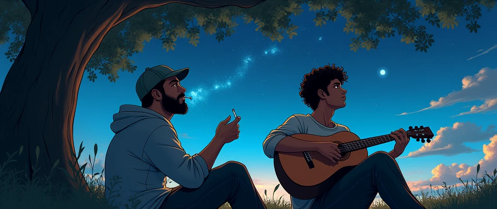 Two young men in sweatshirts under a tree looking at the stars, one wearing a cap smoking and the other with curly hair playing the docerola with a space or in the middle above 