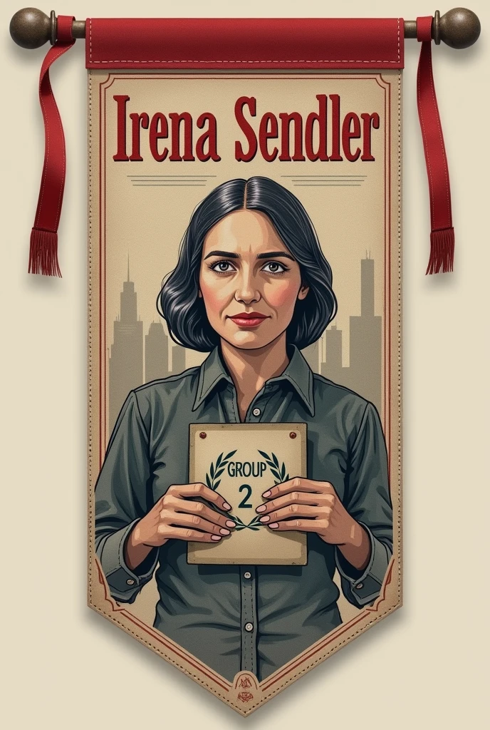 Create a pennant with the name Irena Sendler and a drawing that represents her and contains writing "Group 2" in Spanish and that does not have any more words than the name of Irena Sendler and the group