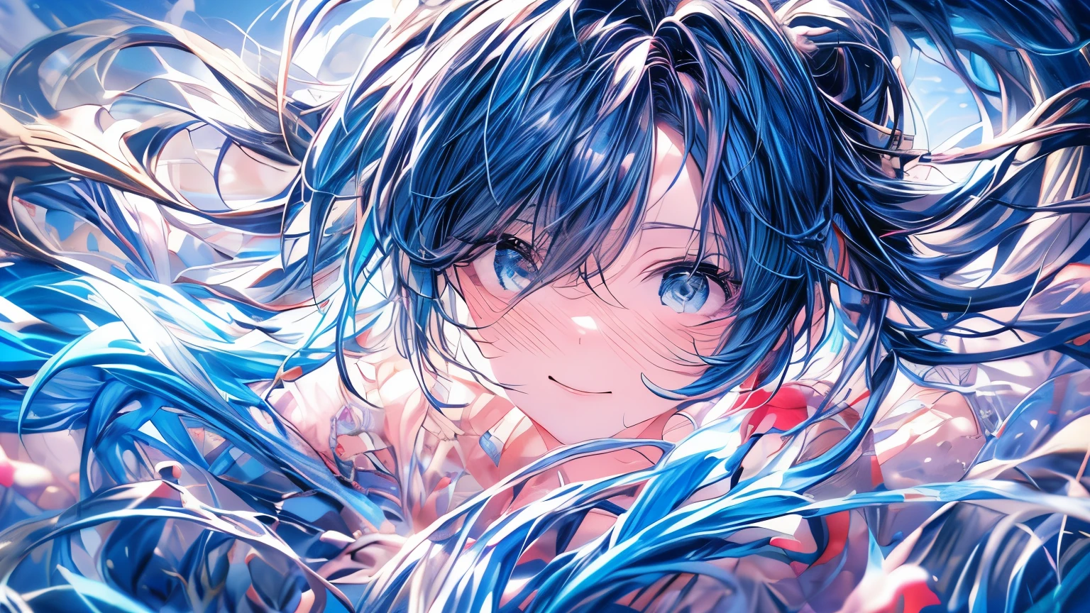 hair elastics, wince, long eyelashes, solid circle eyes, light smile, ear blush, Canine, (((rainbow hair))), make up, blush, sad, sad smile, drop shadow, anaglyph, atmospheric perspective, 8k, super detail, necessary, Best Quality, (cyberpunk), bright lighting, masterpiece,1 girl, ((((two short tails)))), colorful hair, flying, pink bows,(( female model)), (angel halo) , (((close up))), shot at eye level, (((astronaut))), (((plano general))), ((((( color splash ))))),