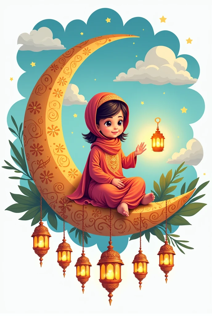 Cartoon vector drawing of colorful line art, create a logo of a child sitting on a yellow crescent moon decorated with Ramadan decorations. A beautiful sitting on it wearing a beautiful dress and holding a lit Ramadan lantern in her hand. Below the crescent moon there are clouds and a drawing of lantern characters. High-detail vector drawing