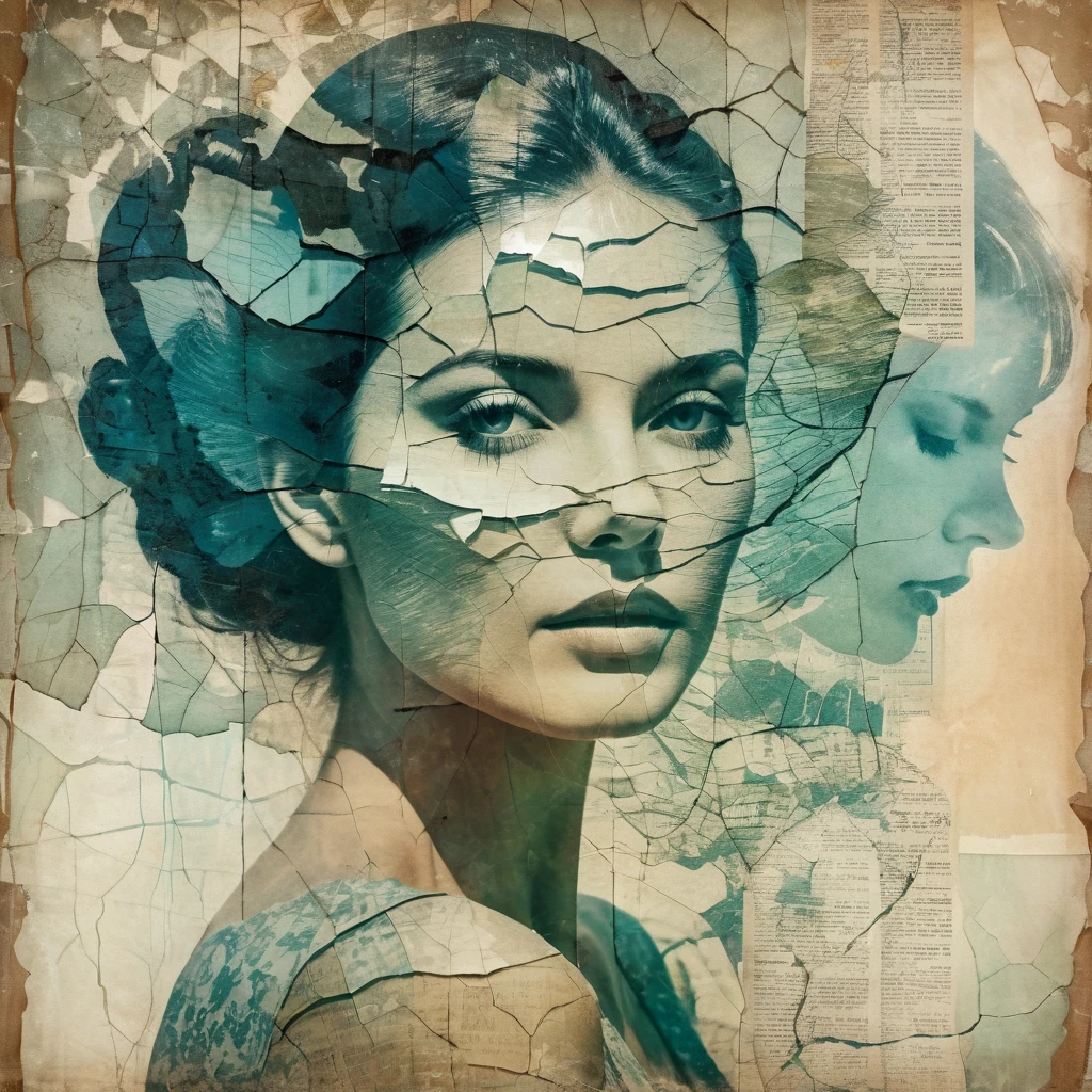 A beautiful woman, double exposure, surreal artwork, printed on cracked paper, artful, aesthetic, muted color scheme, unusual, vintage feel