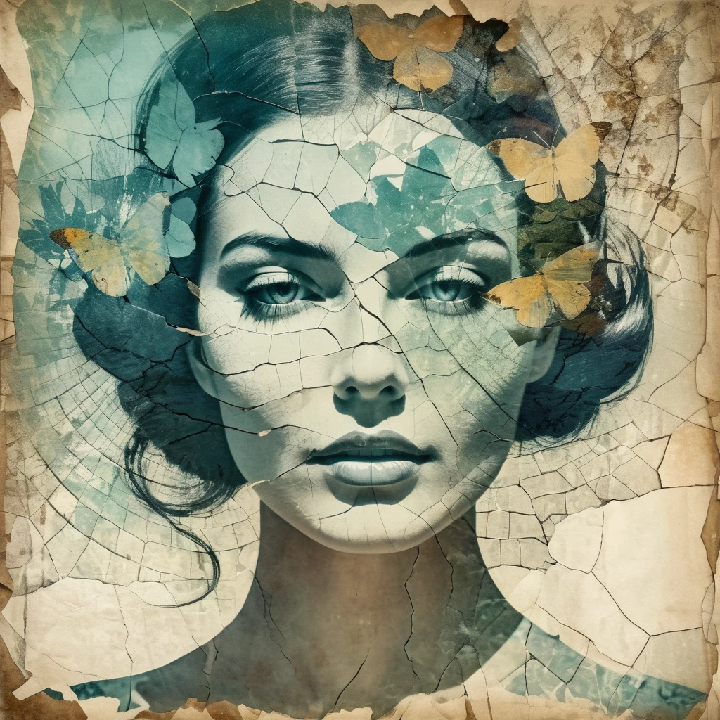 A beautiful woman, double exposure, surreal artwork, printed on cracked paper, artful, aesthetic, muted color scheme, unusual, vintage feel