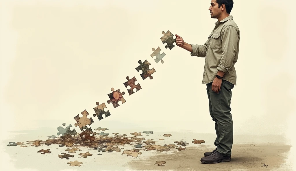 As more pieces fall into place, the puzzle turns into a beautiful picture, representing the transformation of someone's life, Illustration drawing stoicism