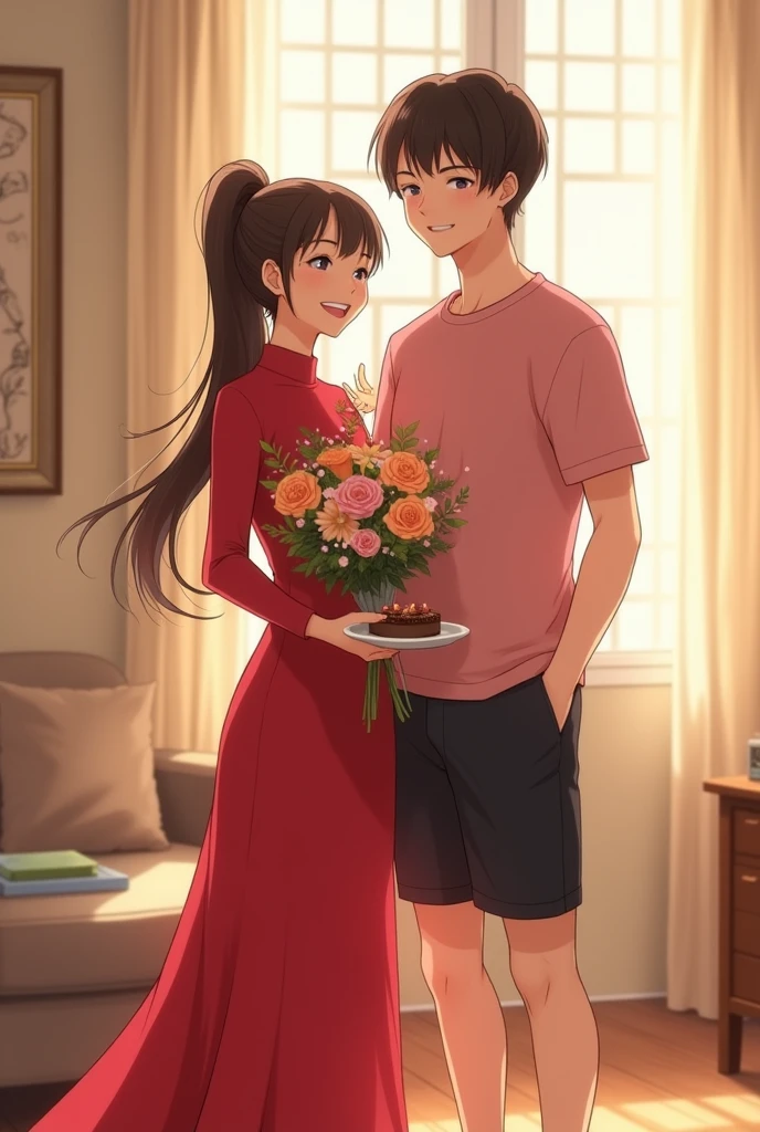 The women waring a red dress with full sleeve hand dress with covered nack and she's holding a flower bouquet and another hand holding a small chocolate cake she's standing with she's big brother he's waring a ( pink t shirt and black Shorts) he's taller then she happy face and big smile background like a living room Hair Between Eyes, Ponytail, Smile,