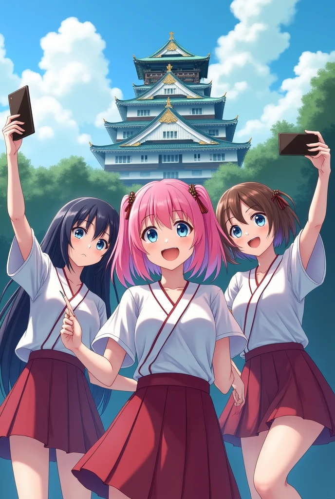 Very beautiful girls in JK uniforms taking selfies with a Japanese castle in the background,Girl with pink hair、blue eyes、Twin Drill