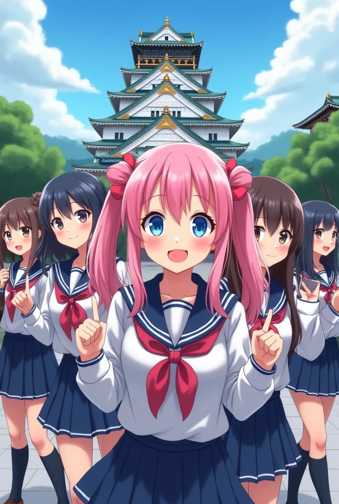 Very beautiful girls in JK uniforms taking selfies with a Japanese castle in the background,Girl with pink hair、blue eyes、Twin Drill