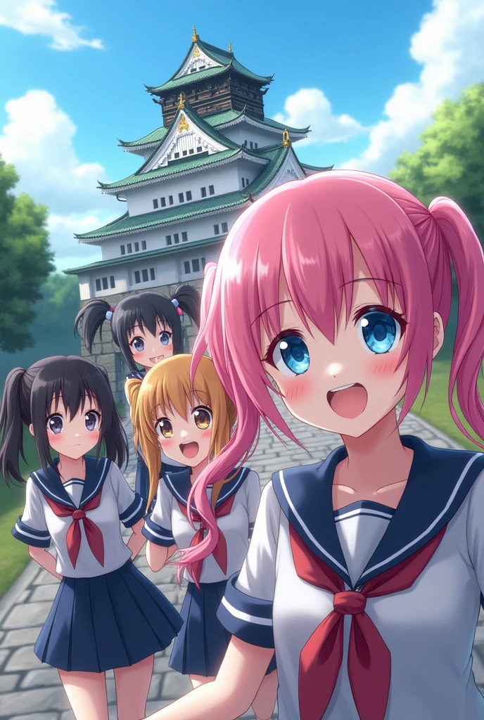 Very beautiful girls in JK uniforms taking selfies with a Japanese castle in the background,Girl with pink hair、blue eyes、Twin Drill