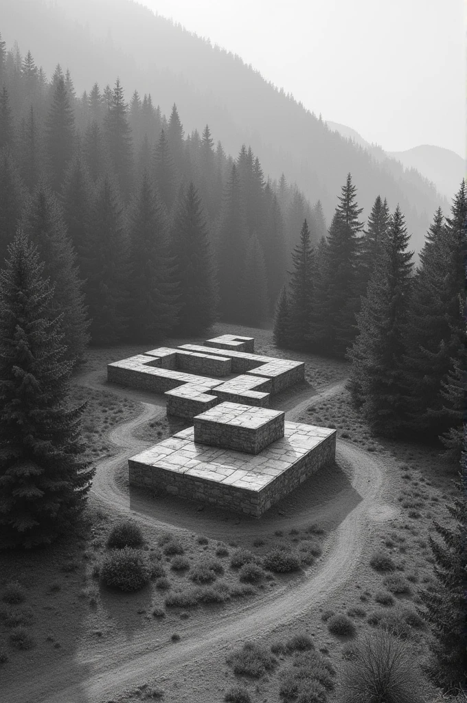 Monochromatic image of a structure with several large blocks at the foot of a hill surrounded by trees
