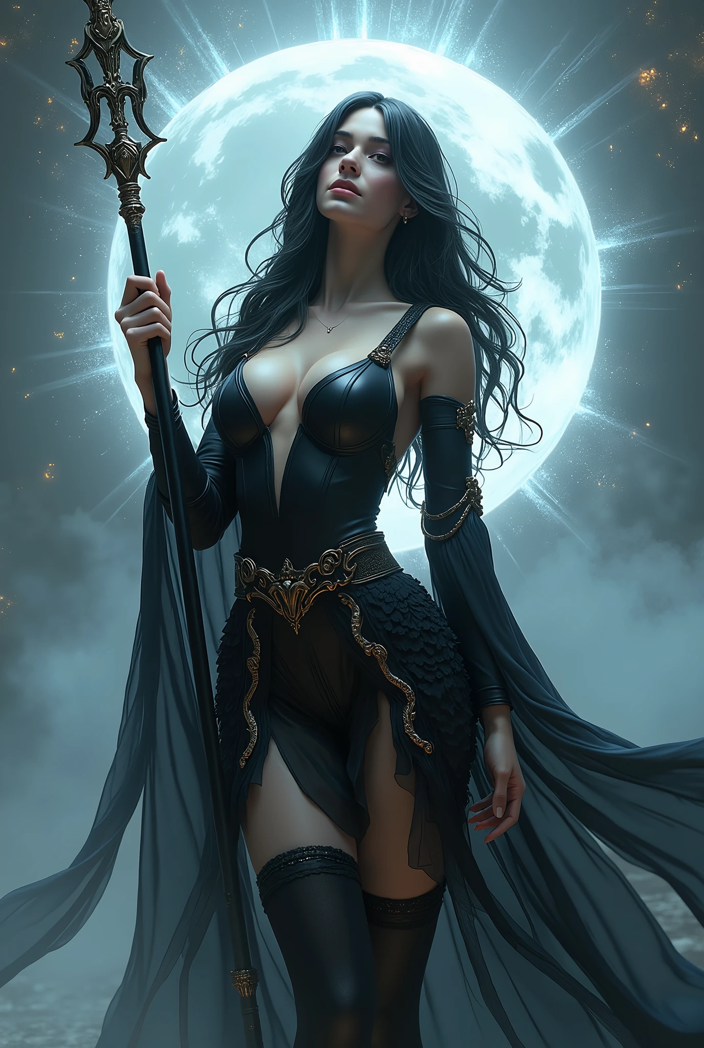 Morgana is a 25-year-old witch with silky black hair that cascades over her shoulders.. Morgana carries a staff carved with ancient runes in her hands.. Her black locks have a shine that complements her witchy aura.. Morgana's eyes are an amethyst shade, Morgana has pale skin, presents an enigmatic and ethereal appearance indicating its connection with the dark world. A bruxa veste trajes escuros e intrincados, adorned with magical symbols. Morgana possui penas e cristais em seu cabelo, Mystical tattoos on parts of your body, Morgana has magic rings on her fingers and enchanted bracelets. Tem um soriso misterioso.