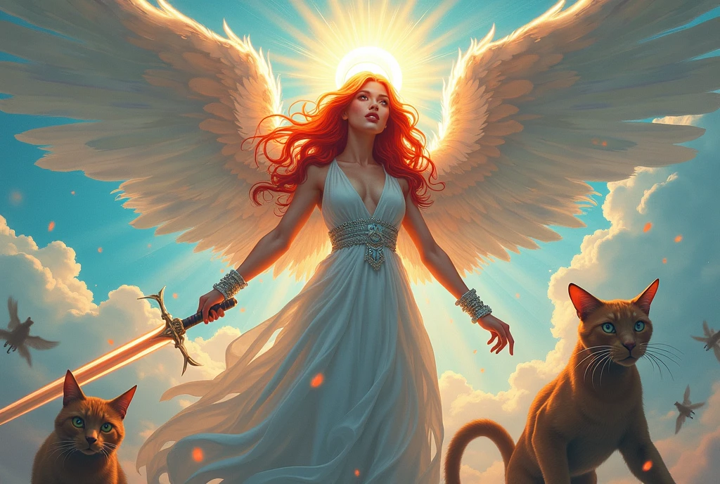 masterpiece, best quality, high fantasy, Very beautiful woman angel, Angel Halo, red hair, whole body, modern magic the gathering art, radiant Color, clouds, Graphic Style, (Manga influence:1.3), Beautiful line drawing, Impressive visuals, drawing long sword and commanding an army of (flying cats with angel wings:1.4) gliding down from the heavens, heaven's rays of light radiating prism colours, dynamic pose.
