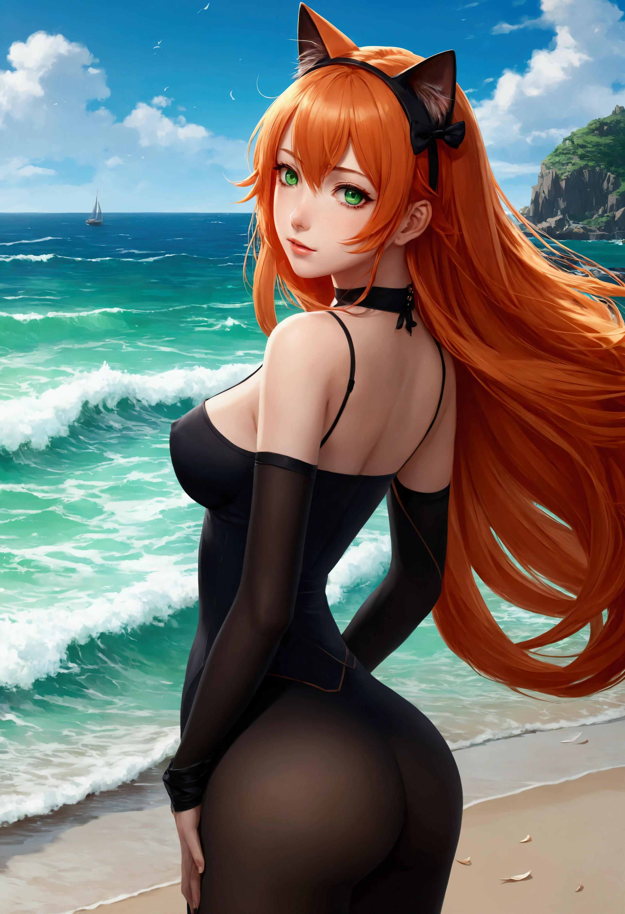 anime girl with long orange hair standing on beach near ocean, green eyes detailed digital anime art, cat ears, , anime girl with long hair, smooth anime cg art, anime girl with long hair, average breast size, digital anime art, artwork in the style of guweiz, beautiful anime portrait, photorealistic anime girl render, beautiful anime girl, advanced digital anime art, pantyhose, guweiz on artstation pixiv upscale HD UHD HQ