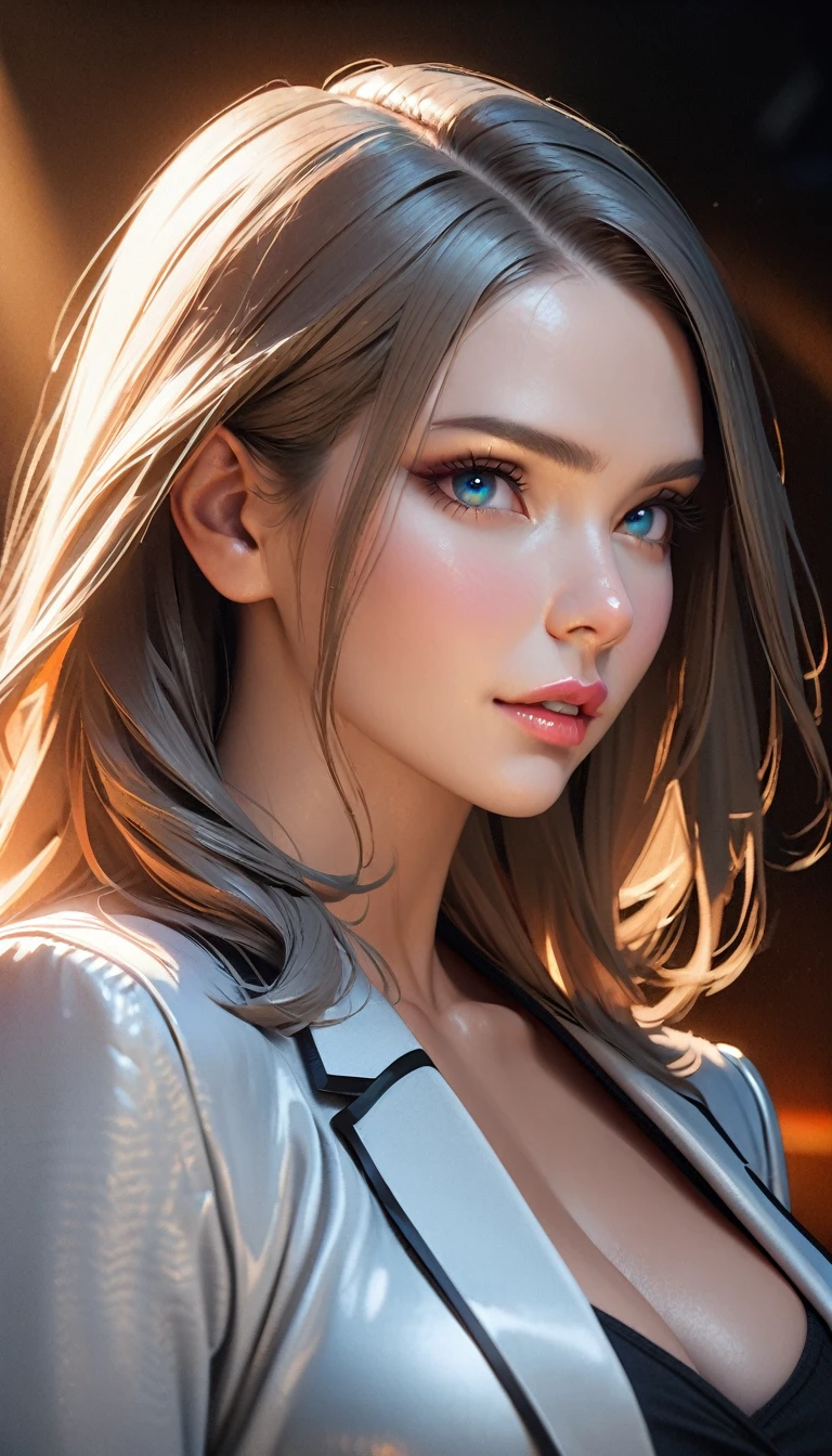 a mature woman with beautiful detailed eyes, beautiful detailed lips, extremely detailed face, long eyelashes, wearing a white coat, large breasts, masterpiece, modern, verism, super detail, best quality, 4k, (adult face), photorealistic, studio lighting, physically-based rendering, vivid colors, warm lighting