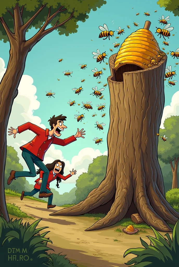 A tall, thin man and a fat, long-haired woman, running away from bees after they threw a rock at the hive. The hive is stuck in a tree stump.