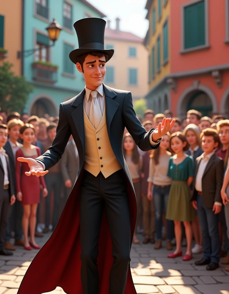 a magician in a square performing a magic trick with his top hat in front of several impressed adults, disney pixar style