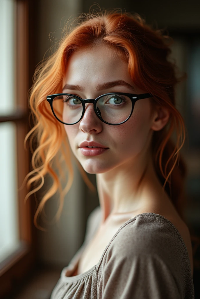 a beautiful young woman with freckles on her face, redhead, wearing college clothes, full body shot, nerdy, glasses, (best quality,4k,8k,highres,masterpiece:1.2),ultra-detailed,(realistic,photorealistic,photo-realistic:1.37),detailed face, beautiful detailed eyes, beautiful detailed lips, extremely detailed face, longeyelashes, college student, bookish, academic setting, studying, introverted, (intricate,highly detailed:1.2), (cinematic lighting:1.1), (warm color tones:1.1), (soft focus:0.9)