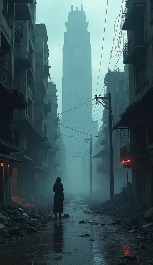 BREAK (masterpiece:1.2), best quality, high resolution, unity 8k wallpaper, (illustration:0.8), (beautiful detailed eyes:1.6), extremely detailed, perfect lighting, extremely detailed CG, City in ruins, houses and buildings, open windows, scary atmosphere, shadows looking at the viewer, no humans, solo, empty scenery, night, no humana