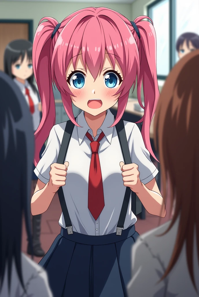 Junior high school girls quarrel,Girl with pink hair、blue eyes、Twin Drill