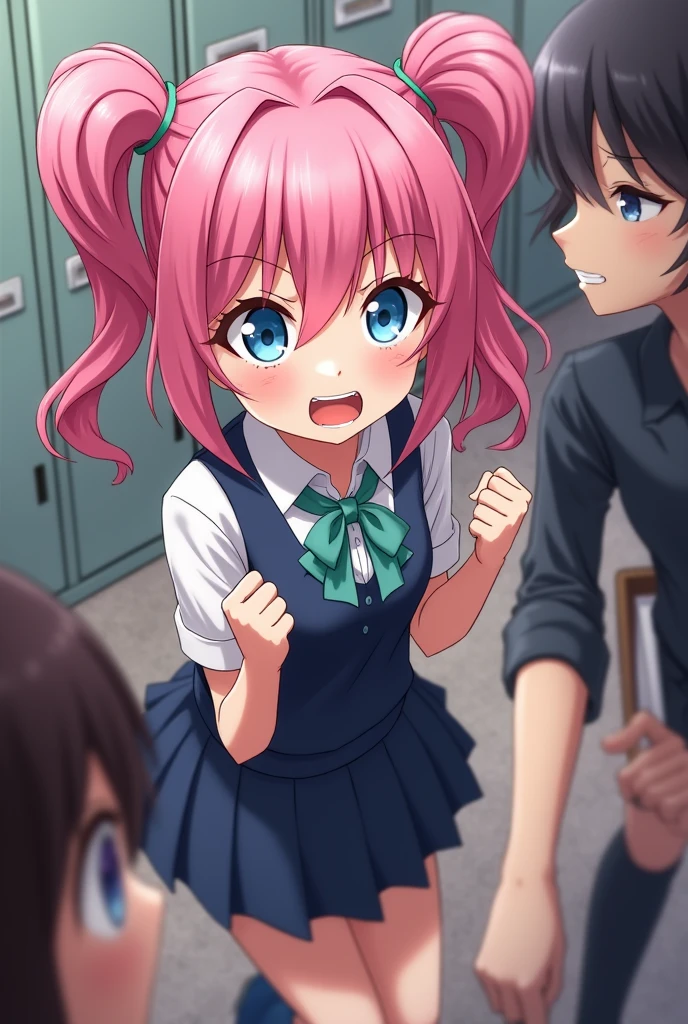 girls quarrel,Girl with pink hair、blue eyes、Twin Drill