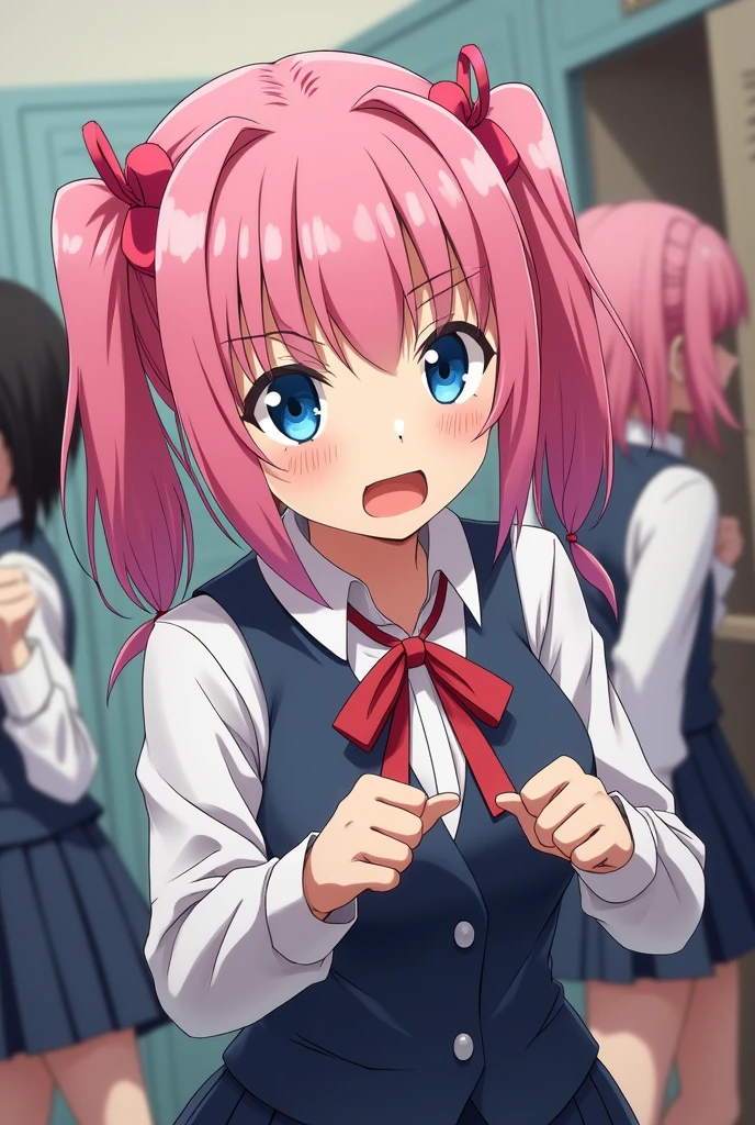 Junior high school girls quarrel,Girl with pink hair、blue eyes、Twin Drill
