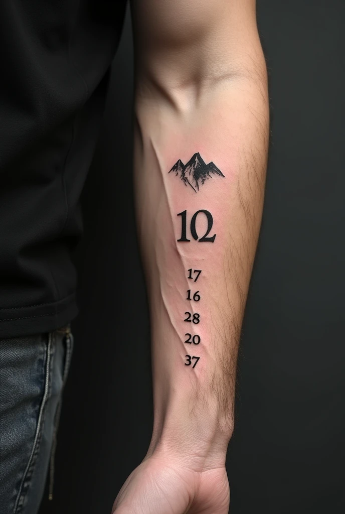 A male forearm with the date XXX . XII . MMVI as a tattoo and above it a small tattoo of a mountain 