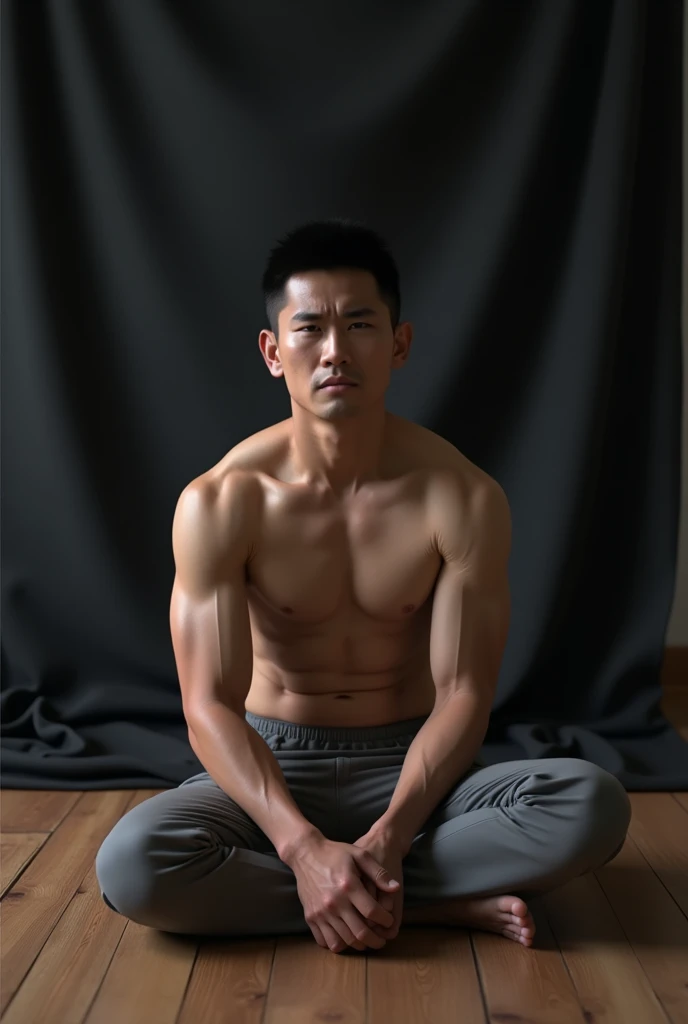 Afraid asain guy, white skin. Muscler, shirtless, beautiful body, wide shoulder, sitting on the floor, realistic, uper camera angle, pants, black cloth background, wooden floor