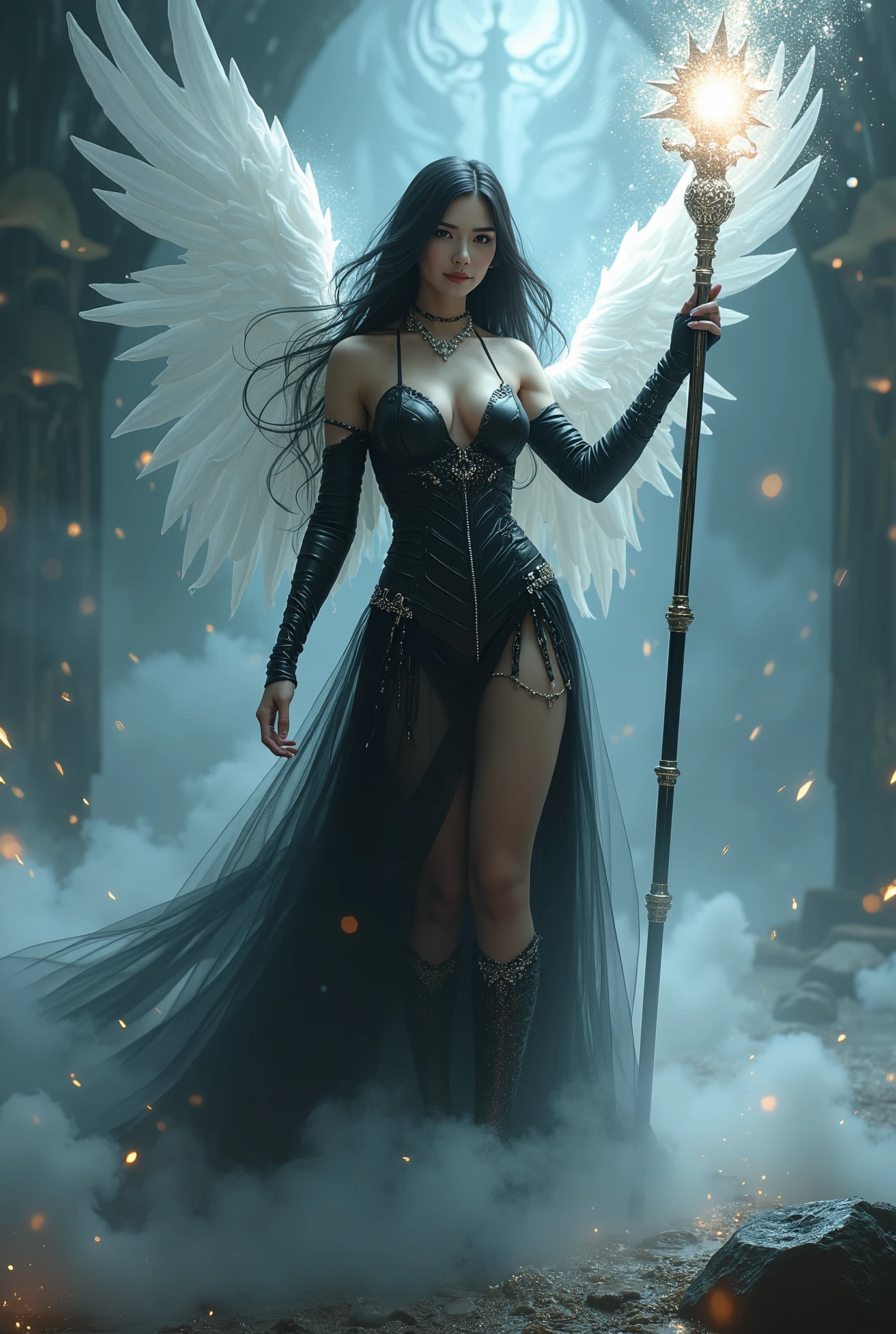 (masterpiece, photorealistic:1.4, extremely intricate:1.3), (photon mapping, radiosity, physically based rendering, ultra resolution, hyper-realistic, photorealistic:1.4, hyper-realistic, 8K), (((glossblack hair, buxom Sylph, large breasts, wide hips))) yellow black sorceress, staff raised, white air power