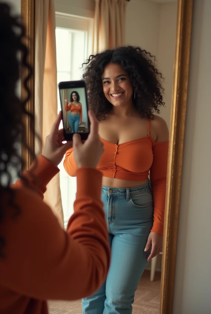 A chubby girl with her cell phone in her hand in front of the mirror taking a photo of her outfit without showing her face
