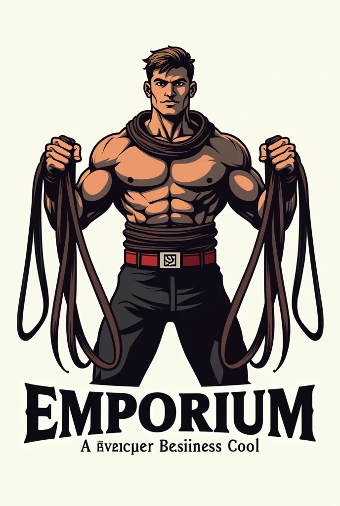 A logo for my business of a person with belts in his hands and around his neck and that says emporium below._stoore