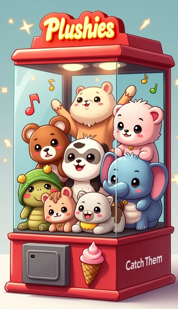 ((white background)), The image shows a cartoon style claw machine. The machine is predominantly red, with a transparent front, and at the top it says “plushies” in yellow letters. Inside the claw machine, There are several cute plush toys that resemble animals, there is a turtle, A cow, a sheep, owlship, elefant, catboy, rapoza, like bears and ice cream. The toys have big eyes and smiling faces, which gives them a friendly appearance. Around the machine, There are floating musical notes and twinkling lights that add to its playful charm. The words “CATCH THEM” are visible on the bottom of the machine in white letters on a pink background.. This image is interesting because it depicts a fun scene that may appeal to children or people who appreciate cute aesthetics.. 🍓🧸✨((white background)), ((white background)),