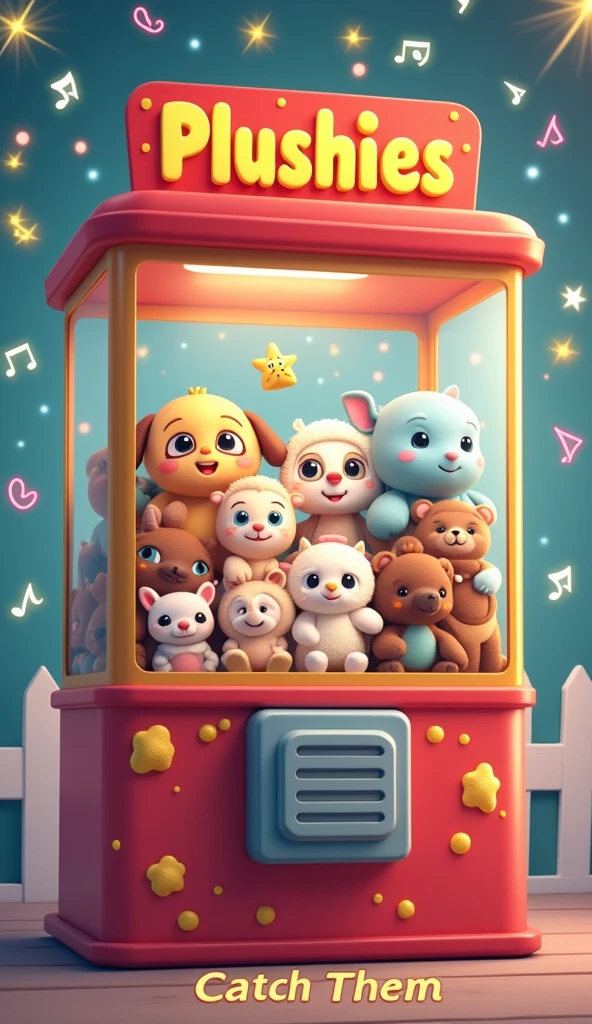 ((white background)), The image shows a cartoon style claw machine. The machine is predominantly red, with a transparent front, and at the top it says “plushies” in yellow letters. Inside the claw machine, There are several cute plush toys that resemble animals, there is a turtle, A cow, a sheep, owlship, elefant, catboy, rapoza, like bears and ice cream. The toys have big eyes and smiling faces, which gives them a friendly appearance. Around the machine, There are floating musical notes and twinkling lights that add to its playful charm. The words “CATCH THEM” are visible on the bottom of the machine in white letters on a pink background.. This image is interesting because it depicts a fun scene that may appeal to children or people who appreciate cute aesthetics.. 🍓🧸✨((white background)), ((white background)),