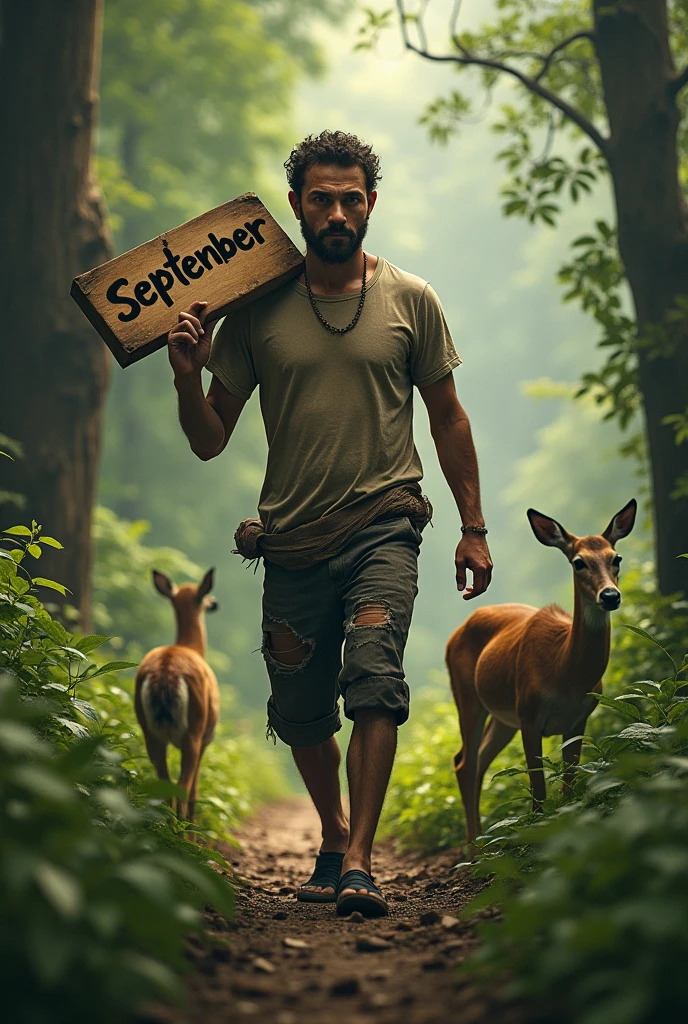 a man wearing a torn t-shirt..carrying a sign that says SEPTEMBER,walking through the forest full of animals