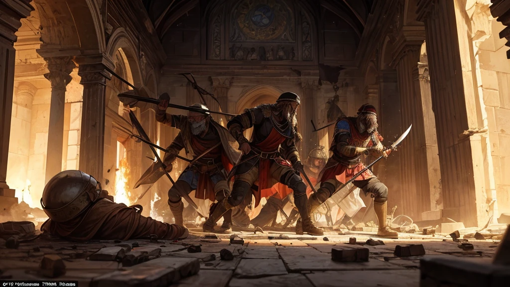 A vivid and intense depiction of the brutal battle between Roman soldiers and Jewish defenders inside the Temple in Jerusalem in 70 AD. The scene is filled with horror and chaos, with bodies of the dead strewn across the floor of the Temple. Bodies of the dead, both Roman and Jewish, are strewn across the floor, many of them seriously wounded. The Roman soldiers, their faces contorted with rage and hatred, are relentlessly attacking with swords and spears. The Jewish defenders, their faces contorted with terror and despair, are fighting desperately but are clearly overwhelmed. The holy Temple, once a place of worship, is now a scene of carnage, with flames and destruction everywhere. The atmosphere is one of absolute terror and the tragedy of the lives lost in this devastating conflict.