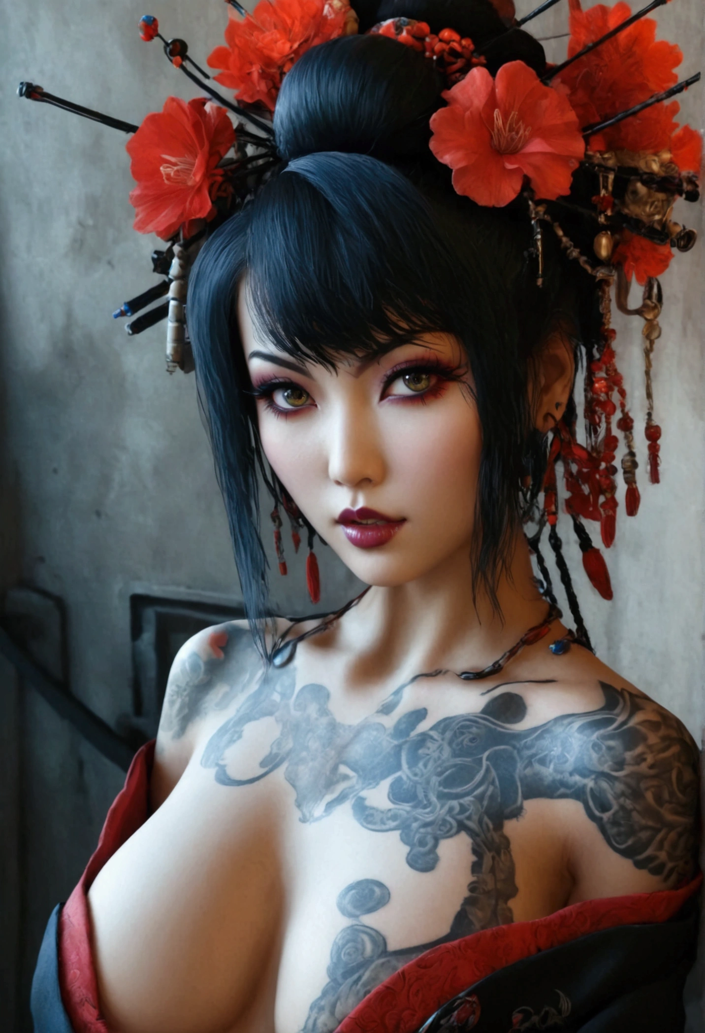Stunningly gorgeous beautiful perfect hr giger inspired inspired tattooed sexy seductive Geisha lulu , perfect face, hyper detailed vibrant eyes, large breasts, full body view, nude, no color black and gray only, show cleavage, show full body in frame,