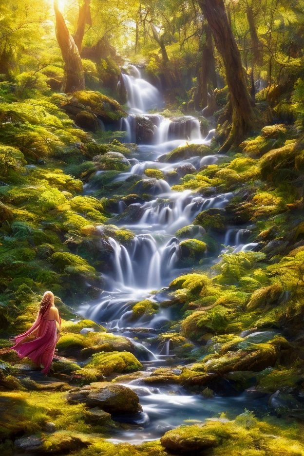 a beautiful girl walking towards a vibrant waterfall in a lush green forest, sunlight streaming through the trees, colorful birds flying overhead, (best quality,4k,8k,highres,masterpiece:1.2),ultra-detailed,(realistic,photorealistic,photo-realistic:1.37),detailed eyes, detailed lips, extremely detailed face, long eyelashes, beautiful intricate dress, soft smile, graceful pose, serene expression, vibrant colors, natural lighting, cinematic composition, idyllic landscape, detailed foliage, cascading waterfall, shimmering water, golden sunbeams