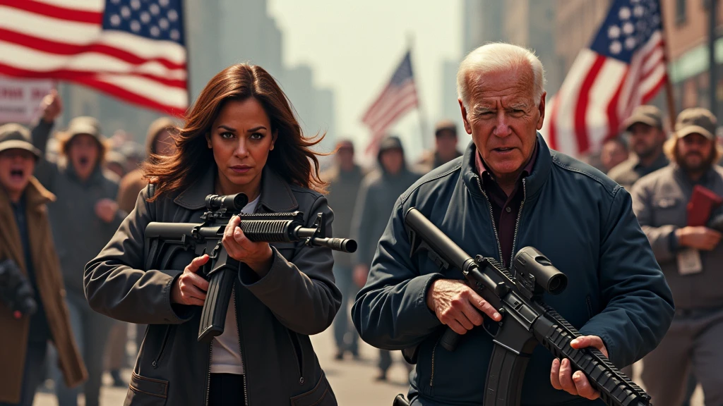 kamala harris and joe biden are holding rifles and shooting trump supporters, trump supporters are holding trump flags, trump supporters are in shock and running scared, ultra realistic, 