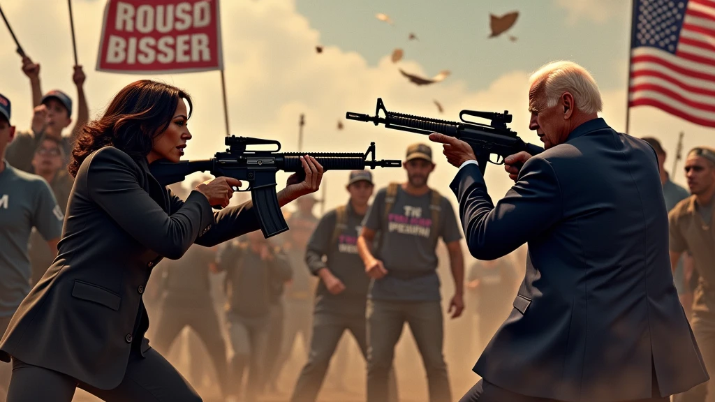 kamala harris and joe biden are holding rifles and shooting trump supporters, trump supporters are holding trump flags, trump supporters are in shock and running scared, ultra realistic,